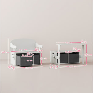 Banco Infantil Convertible 3 en 1, Juego de Mesa y Silla, Baúl de Juguetes con Cubos de Tela Extraíbles, Banco de Almacenaje, Mueble Multifuncional para Niños 3-6 Años, Blanco
