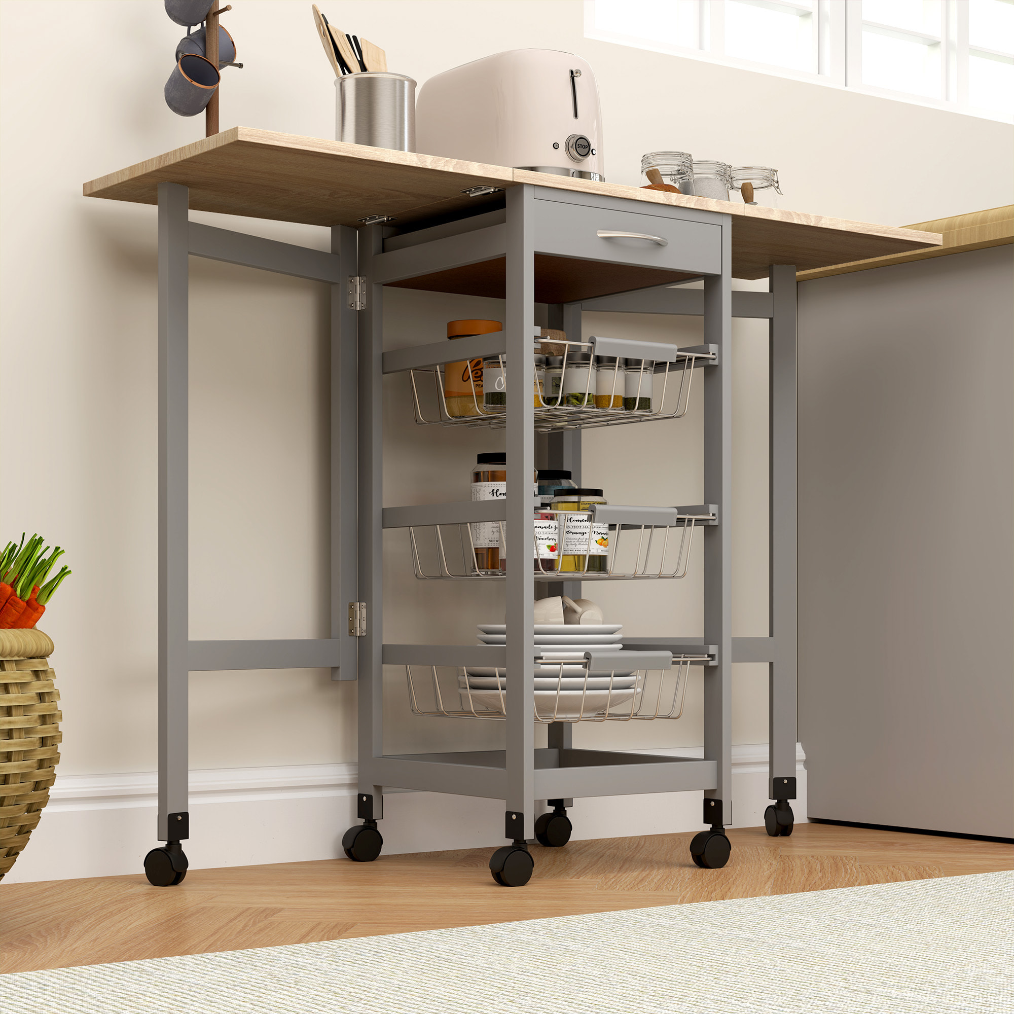 Carrito de Cocina con Alas Plegable, Carrito Auxiliar con Ruedas, Verdulero con Cajón y 3 Cesta de Metal, 97,2x37x77,5 cm, Gris y Roble