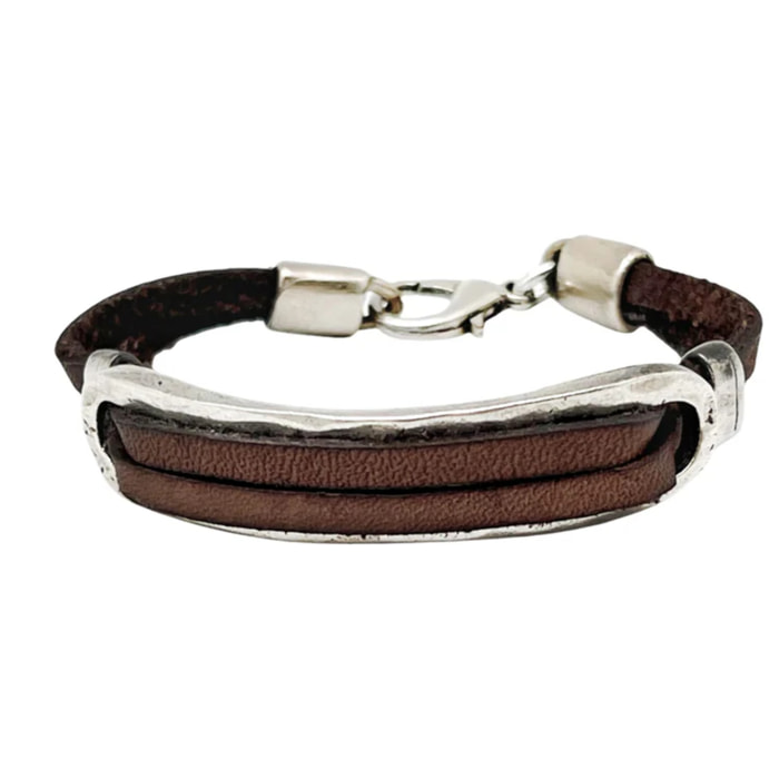 Pulsera Doble tira Base cuero marrón y plata chapado