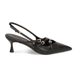 Décolleté slingback nere con fibbie, tacco 6 cm
