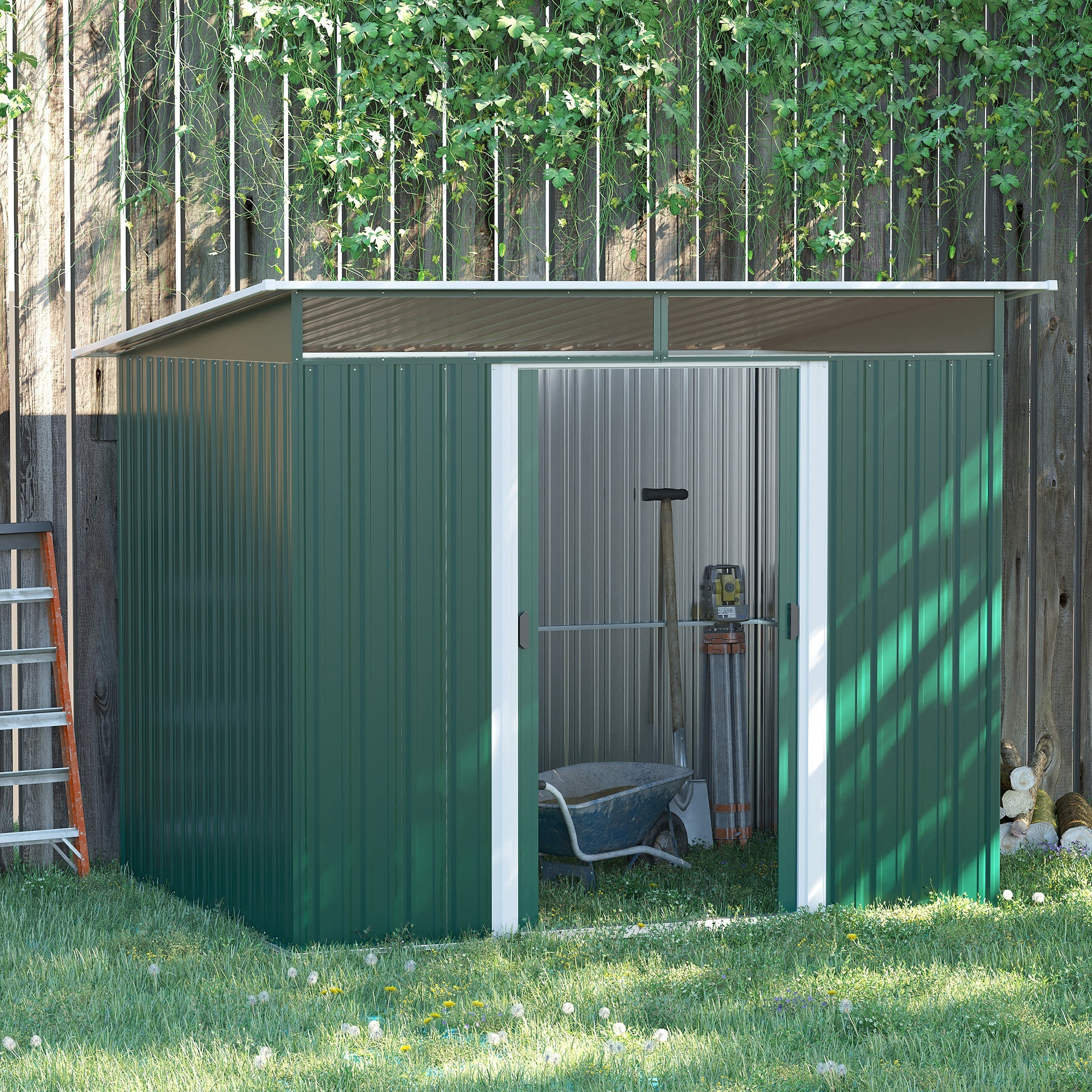 Cobertizo de Jardín Exterior 4,5 m² 260x194x200 cm Caseta de Jardín Exterior Metálica con Paneles Frontales Transparentes y 2 Puertas Corredizas para Almacenamiento de Herramientas Verde