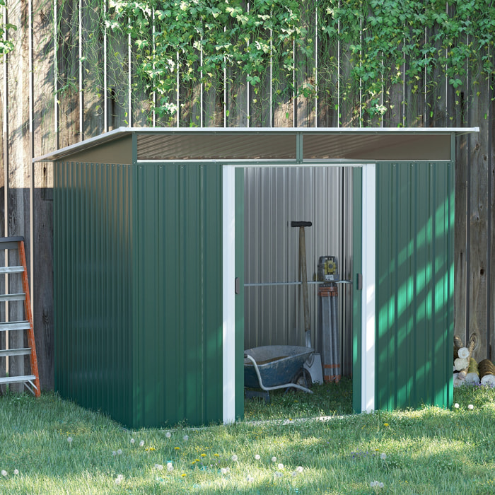Cobertizo de Jardín Exterior 4,5 m² 260x194x200 cm Caseta de Jardín Exterior Metálica con Paneles Frontales Transparentes y 2 Puertas Corredizas para Almacenamiento de Herramientas Verde