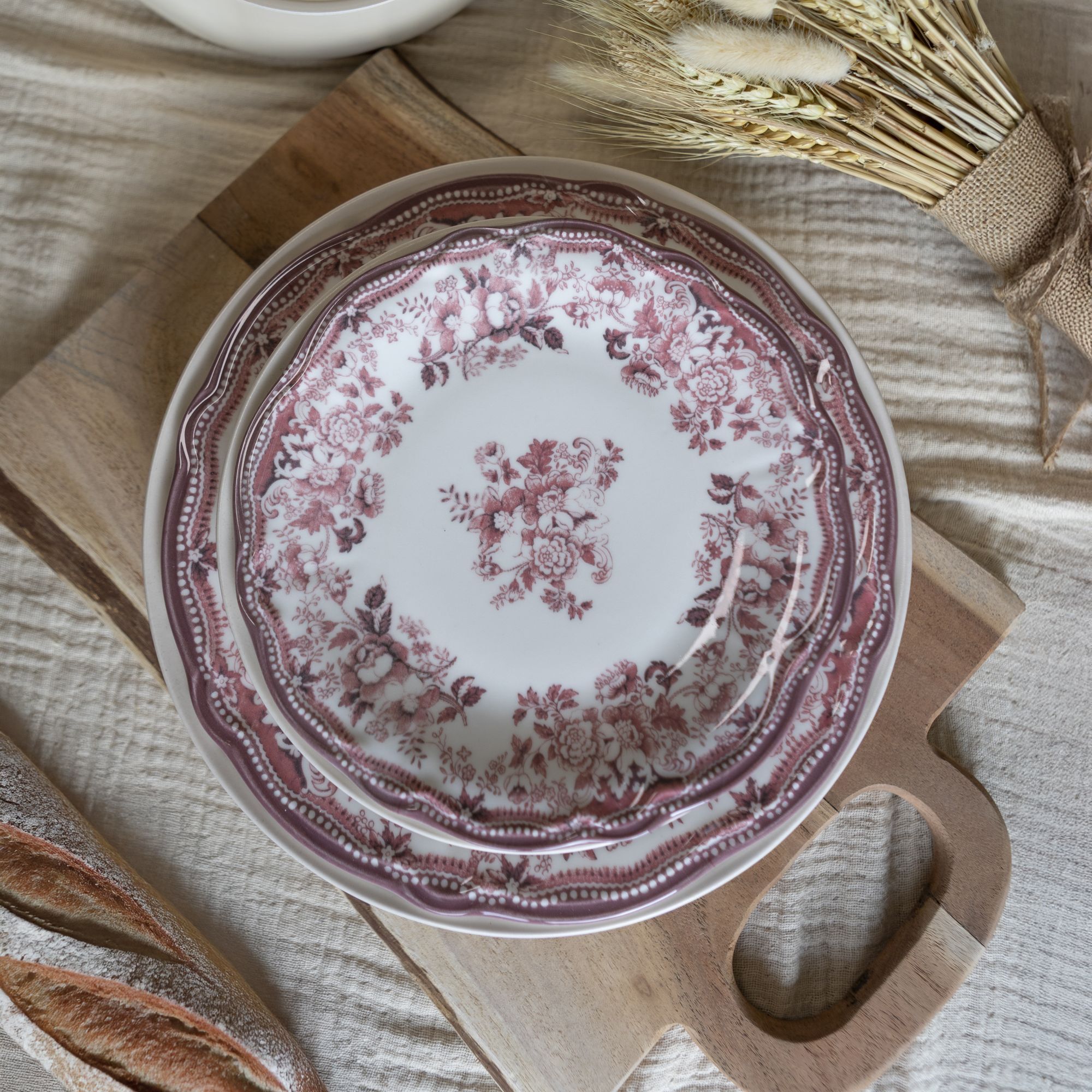 Lot de 6 assiettes plates fleuries en grès rose 26cm FAUSTINE