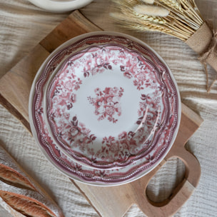 Lot de 6 assiettes plates fleuries en grès rose 26cm FAUSTINE