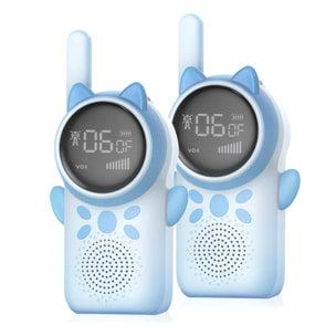 DAM Walkie Talkies infantiles D25, 1-3 km, pantalla 1,5'' a color, 99 códigos de grupo encriptados, luz LED. 2 unidades. Batería recargable. 7x4,5x14,3 Cm. Color: Azul