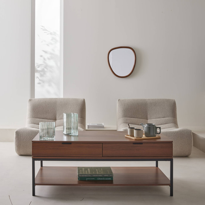 Table basse coloris noyer avec pieds et poignée en métal noir - 2 tiroirs et 1 étagère