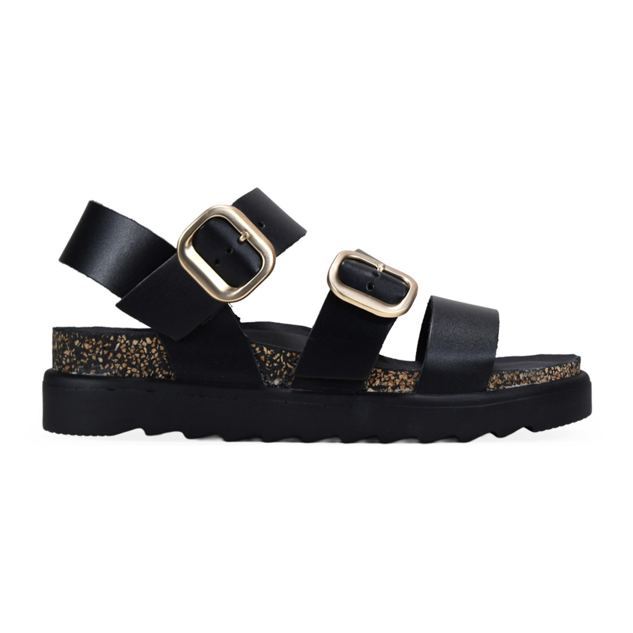 Sandalias de cuña negras en piel con hebillas
