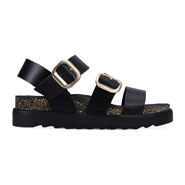 Sandalias de cuña negras en piel con hebillas