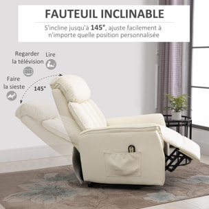 Fauteuil de relaxation électrique fauteuil releveur inclinable avec repose-pied ajustable revêtement synthétique tissu crème