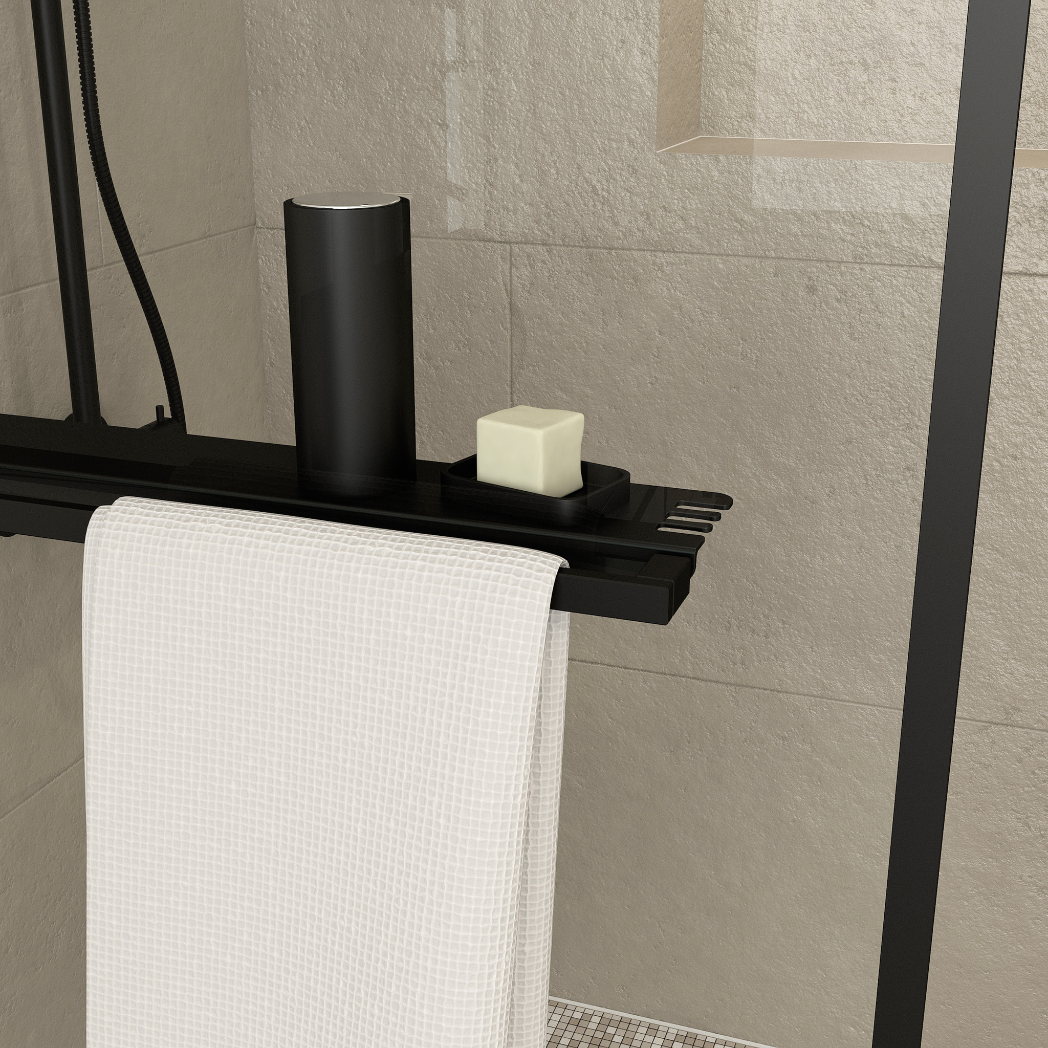 Paroi de Douche Noir Mat 80x200cm - Porte-serviette et étagère - DARK CONTOURING SHELF