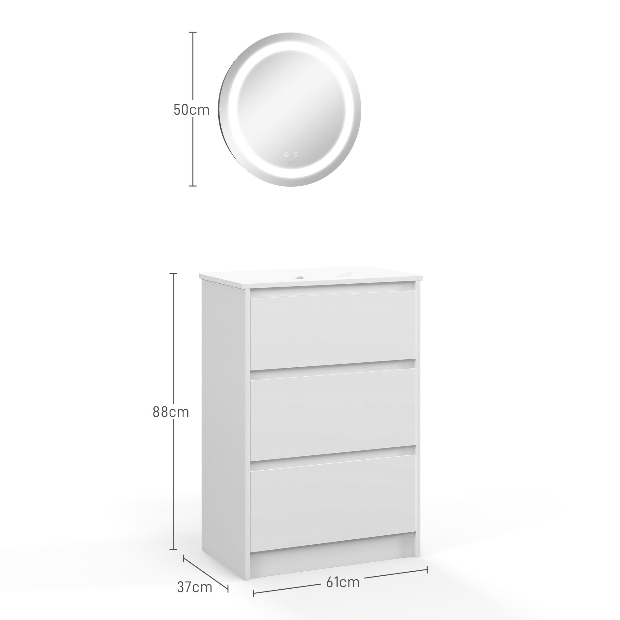Conjunto de Baño Incluye 1 Mueble de Baño con Lavabo 61x37x88 cm y 1 Espejo de Baño con Luz LED Antivaho Interruptor Táctil Ø50x4,6 cm Blanco Brillante y Plata