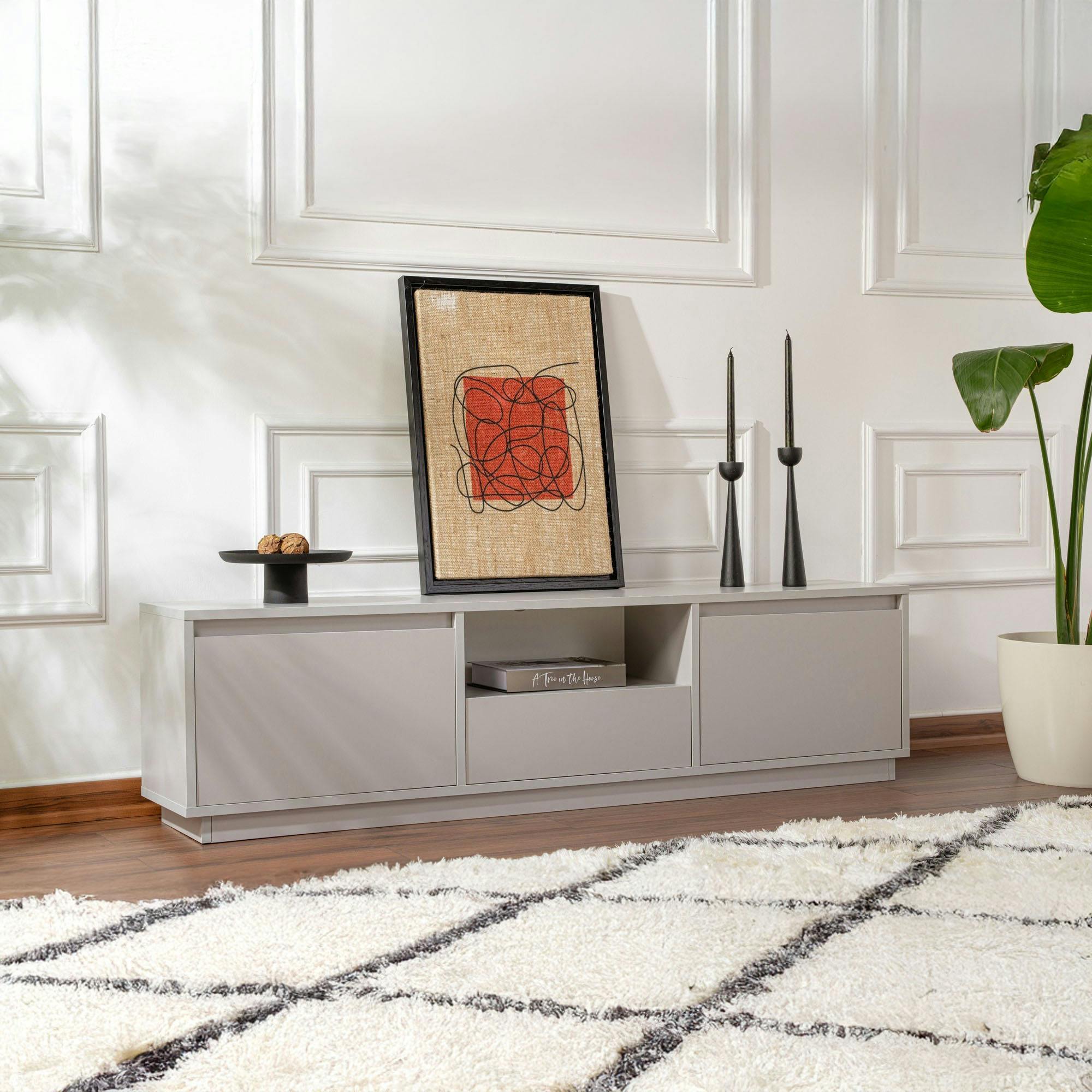 Meuble TV avec rangement - gris effet laque MARFA