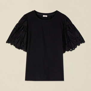 Oltre - T-shirt con maniche in sangallo - Nero