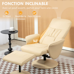 Fauteuil relax inclinable pivotant style contemporain avec repose-pied revêtement synthétique beige