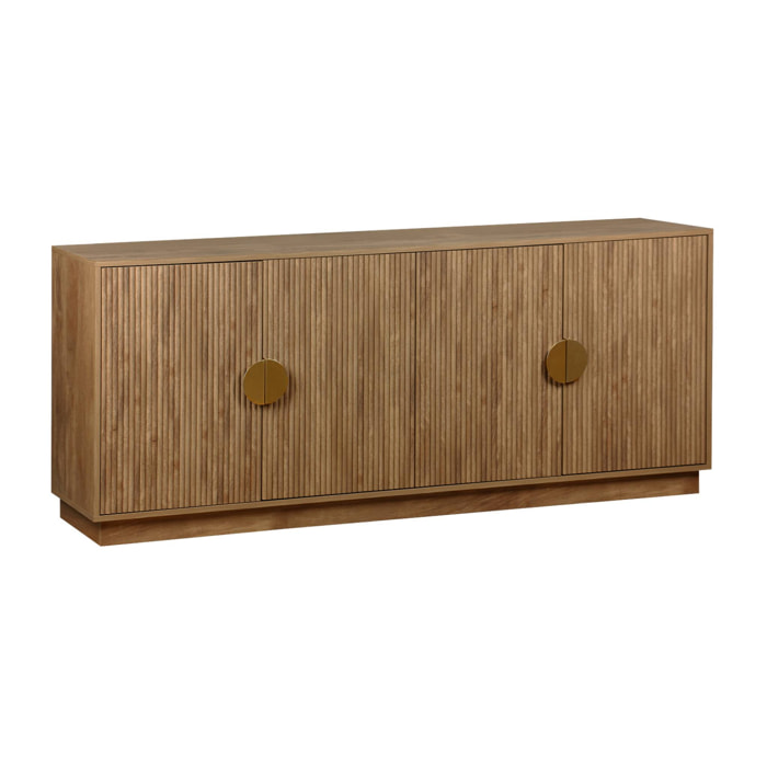 Buffet exotique 4 portes. effet bois de manguier rainuré. buffet bas. poignées en métal doré. L 180 x P 40 x H 75cm
