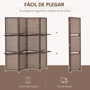 Biombo de 4 Piezas de Bambú Separador de Ambientes Plegable con 2 Estantes Extraíbles Divisor de Habitaciones Dormitorio 180x180 cm Marrón