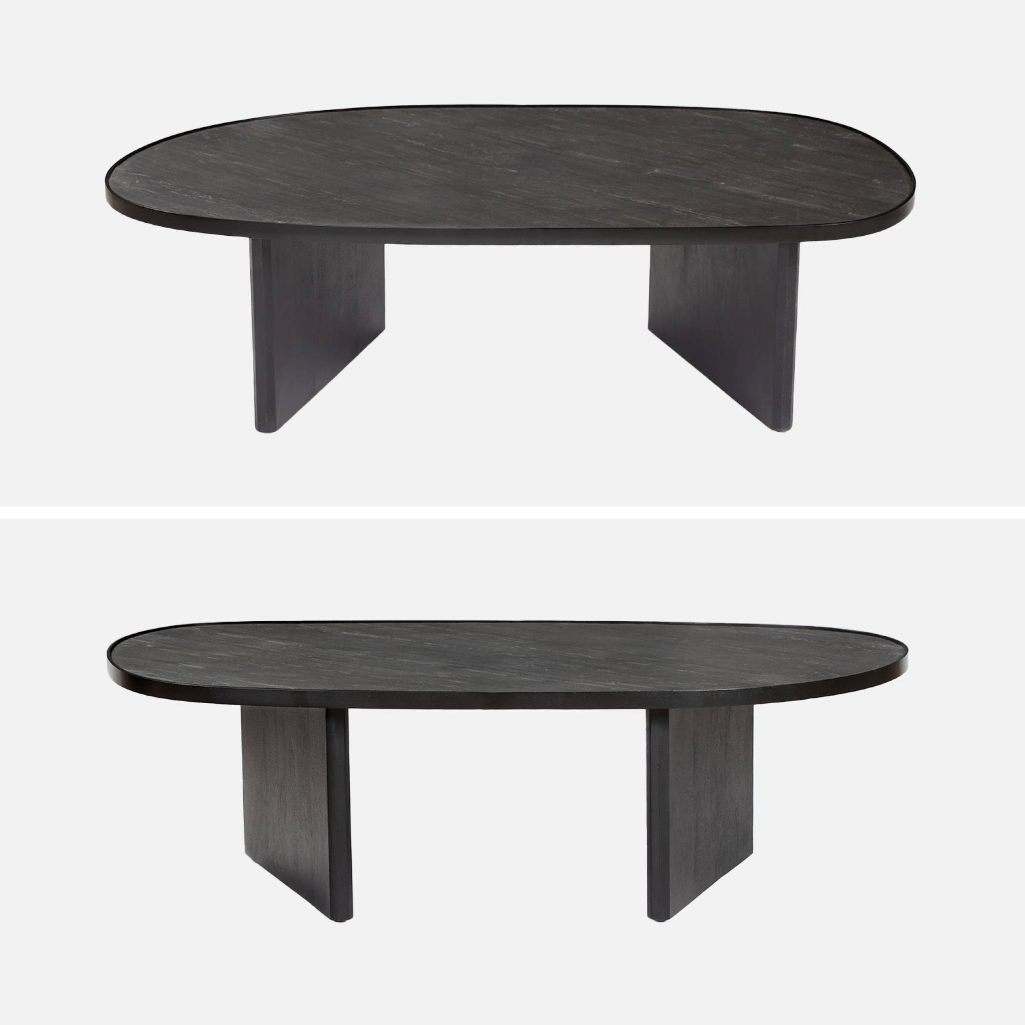 Table basse ovale bois de manguier et placage pierre noire. rebord en métal. L 119.5 x P 60 x H 35cm