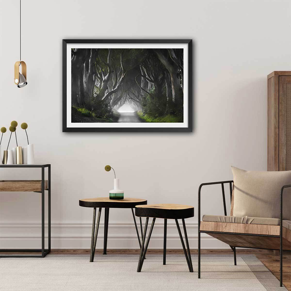 Affiche paysage route de l'irréel Affiche + cadre en bois - Noir