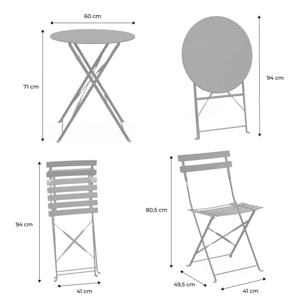 Table de jardin bistrot pliante métal + 2 assises bleu grisé Ø60 x 70cm. acier thermolaqué