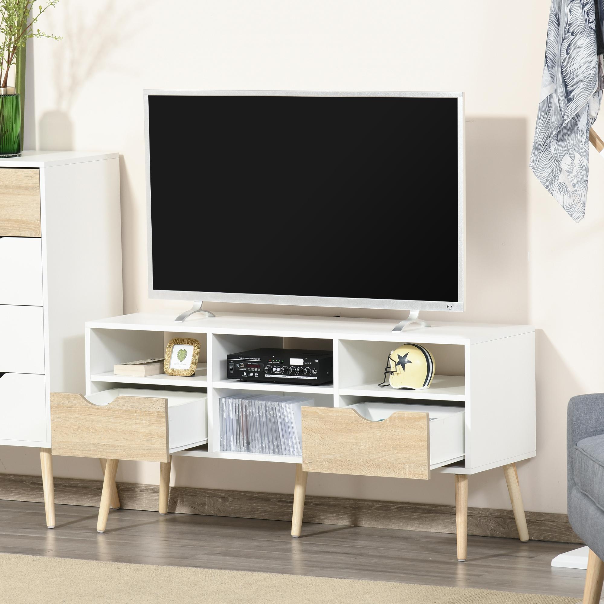 HOMCOM Mueble de TV para Televisiones 50”Mesa para TV de Salón Comedor Moderna con 2 Cajones y 4 Compartimentos Patas de Madera Antivuelco 117x39x57 cm Blanco y Madera Natural