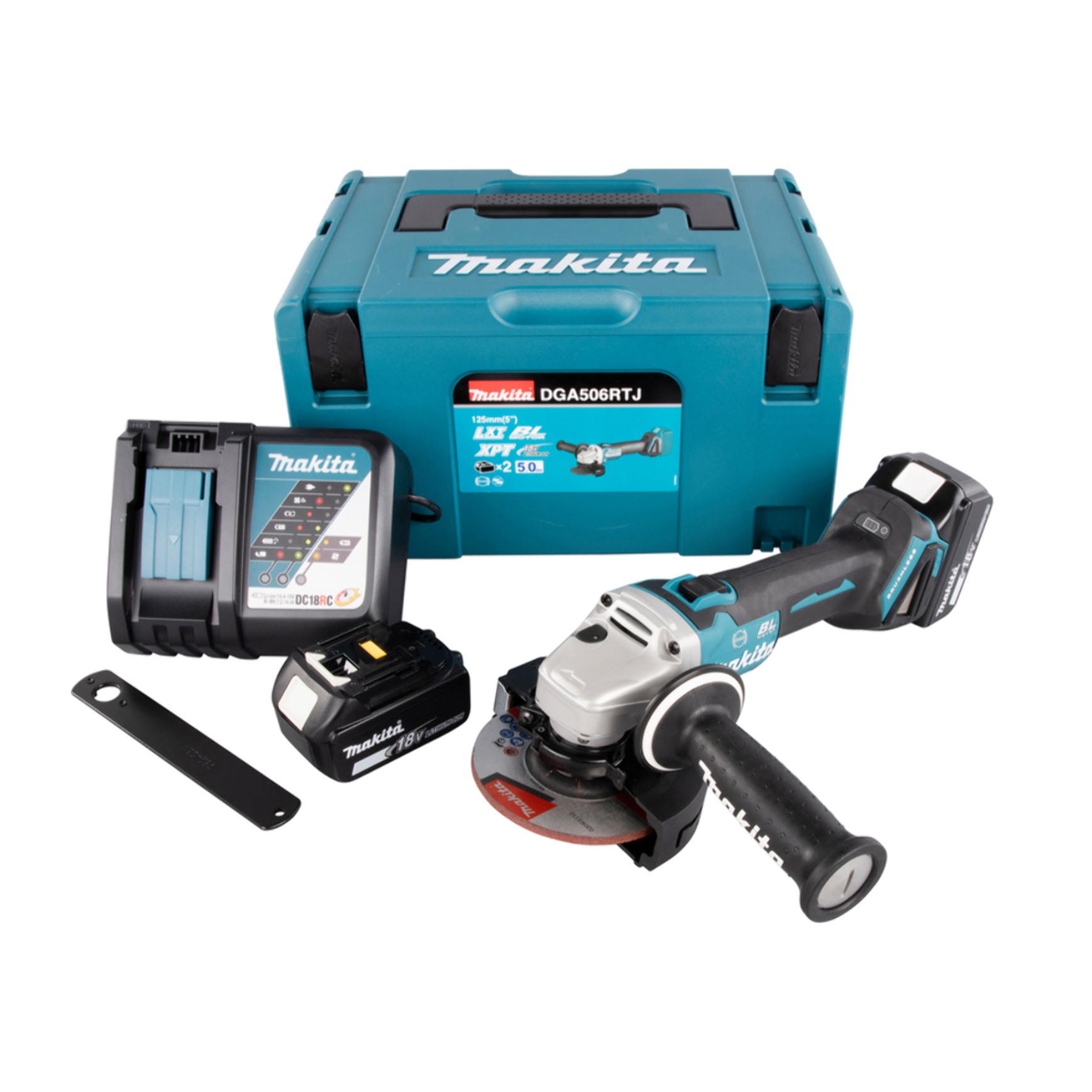 MAKITA Amoladora 18V Li-Ion 5.0 Ah Ø125mm - 2 baterías, cargador, en caja - DGA506RTJ