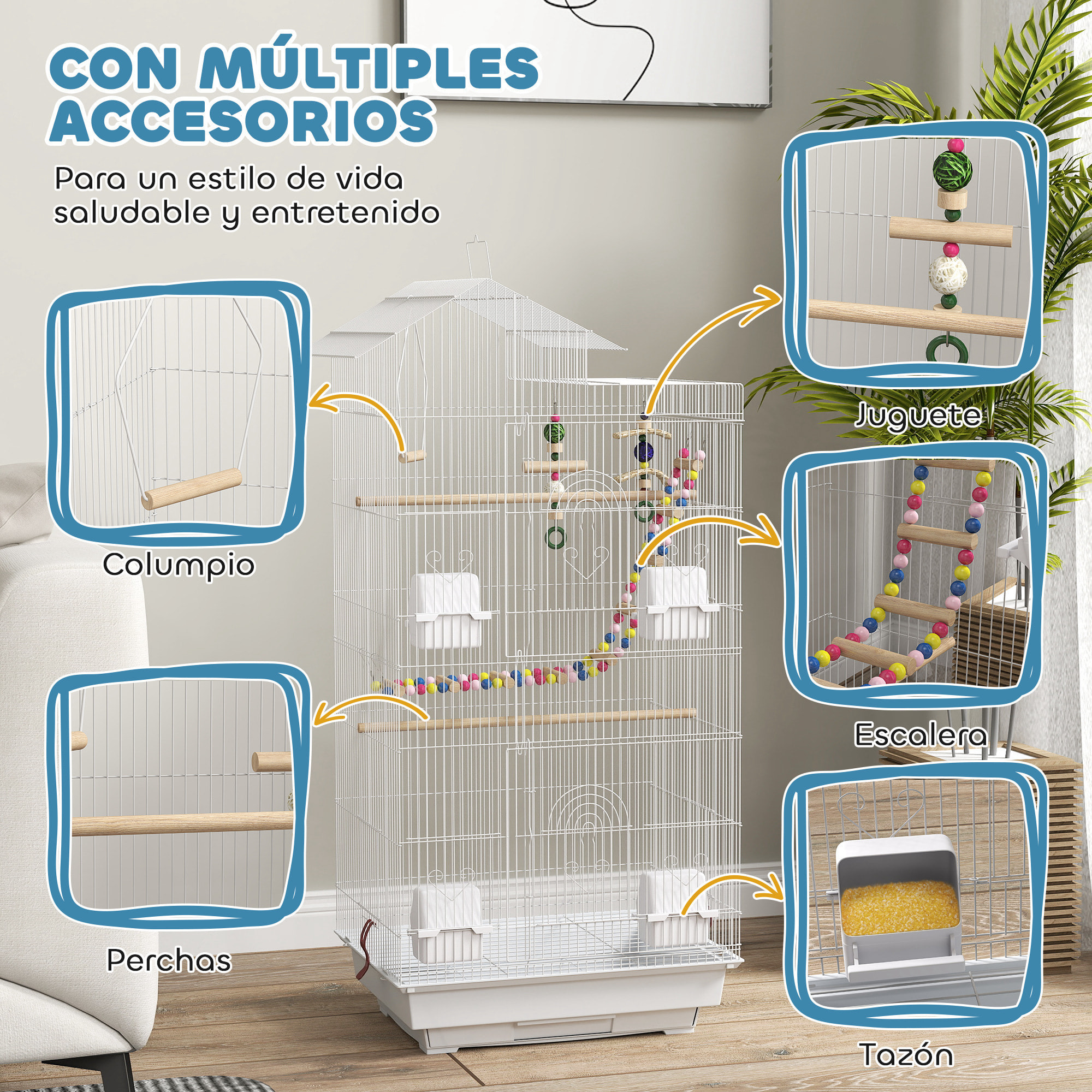 Jaula para Pájaros Pajarera con Múltiples Puertas 4 Comederos 3 Perchas Columpio Escaleras y Bandeja Extraíble para Loros Canarios Periquitos 46x36x100 cm Blanco