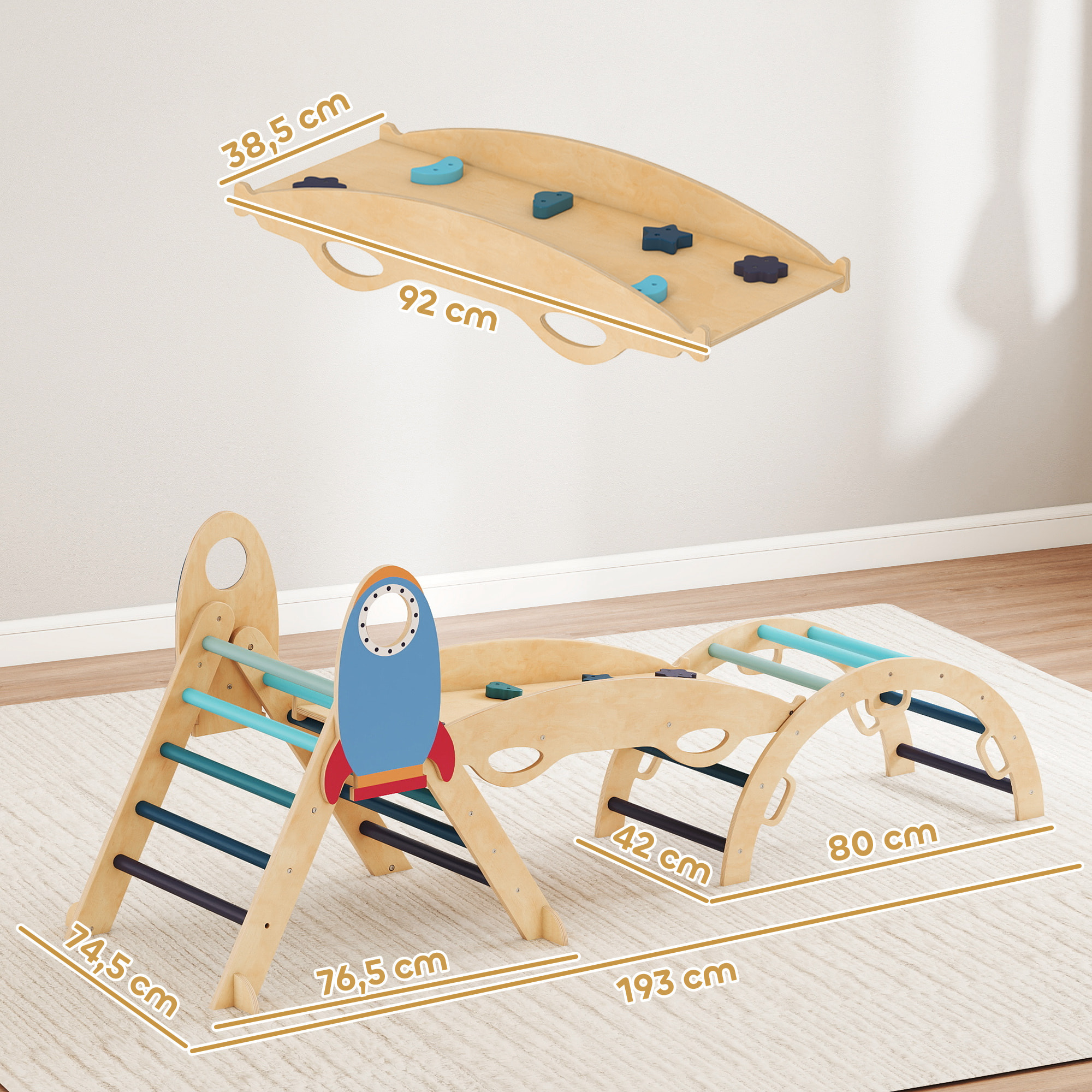 8 en 1 Triángulo de Escalada Montessori, Estructura de Escalada de Madera, Tema de Cohetes, con Arco y Rampa para Deslizarse o Escalar, para Niños de 18-48 Meses, Interiores, Azul