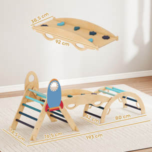 8 en 1 Triángulo de Escalada Montessori, Estructura de Escalada de Madera, Tema de Cohetes, con Arco y Rampa para Deslizarse o Escalar, para Niños de 18-48 Meses, Interiores, Azul