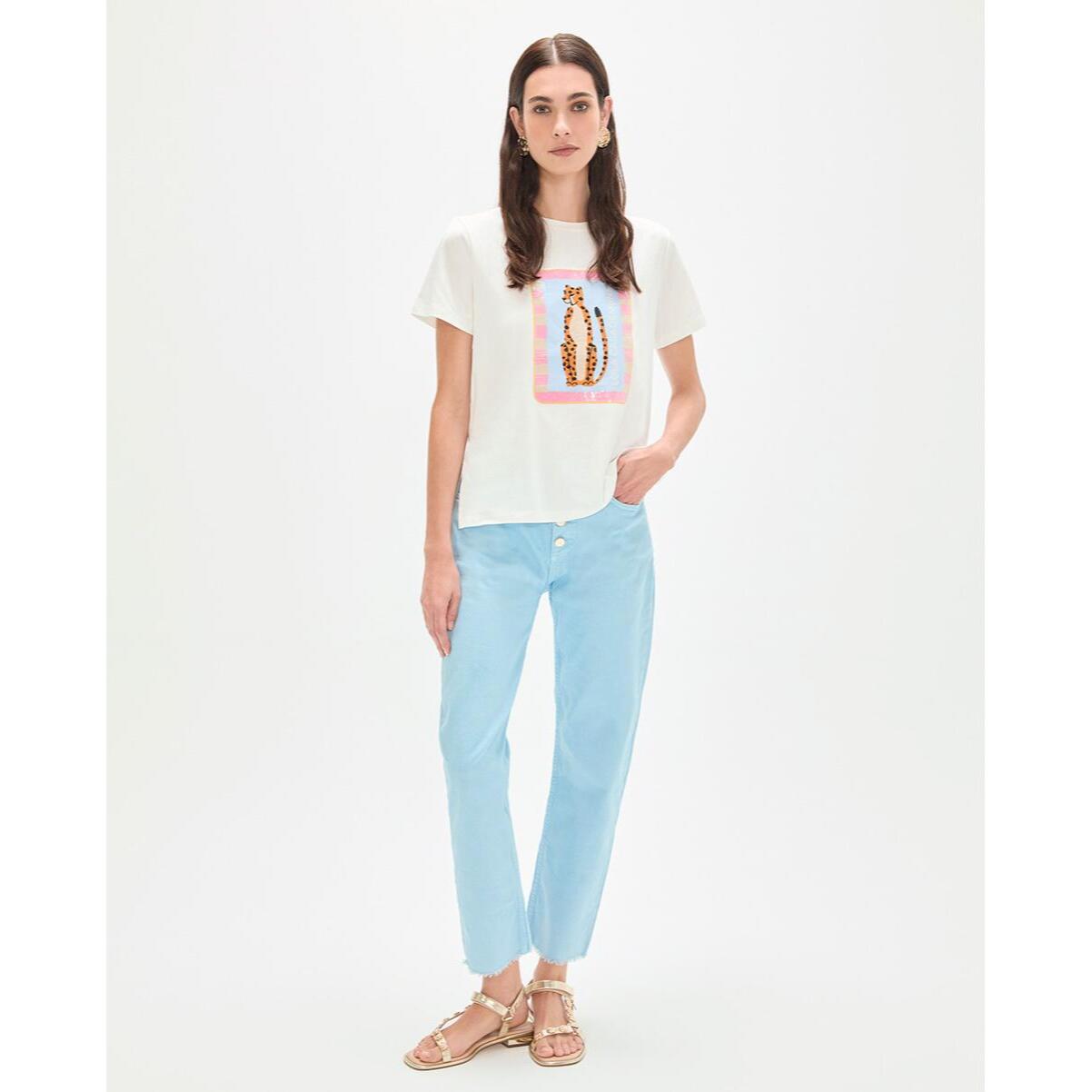 T-shirt con ricamo di animali e paillettes trasparenti