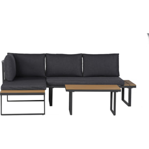 Salon de jardin canapé d'angle décor imitation bois "Liora" - 4 places - Gris