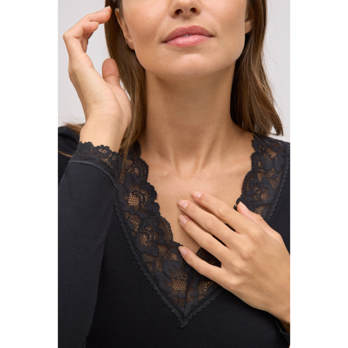 T-shirt nera a maniche lunghe in cotone con pizzo