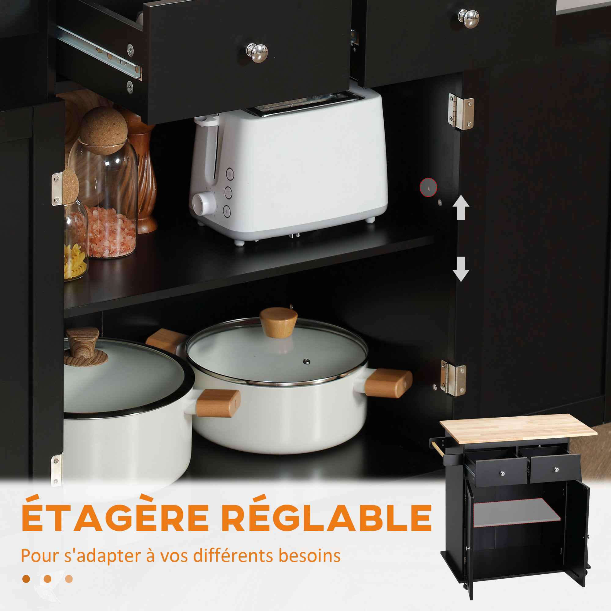 Desserte de cuisine multi rangements 2 tiroirs placard 2 portes avec étagère 3 range-bouteilles porte-torchons MDF noir hévéa