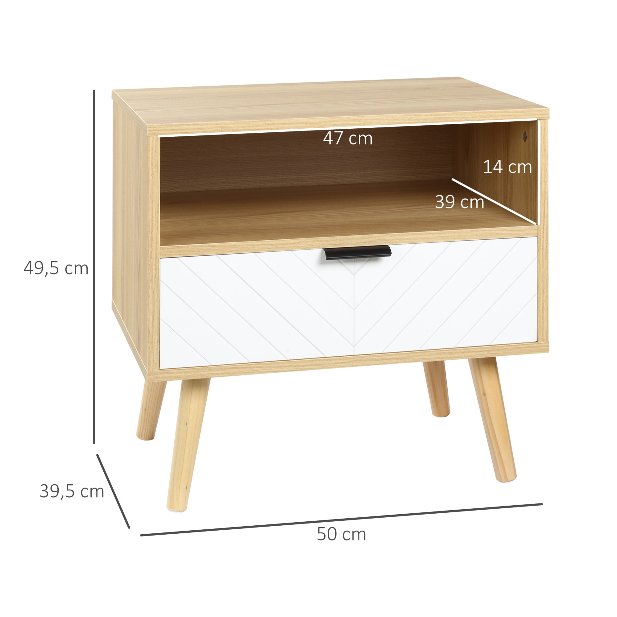 Mesita de Noche Mesa Auxiliar con 1 Cajón y 1 Estante Abierto para Dormitorio Salón Oficina Estilo Moderno 50x39,5x49,5 cm Madera Natural