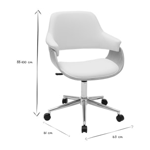 Chaise de bureau à roulettes design blanc, bois clair et acier chromé HANSEN