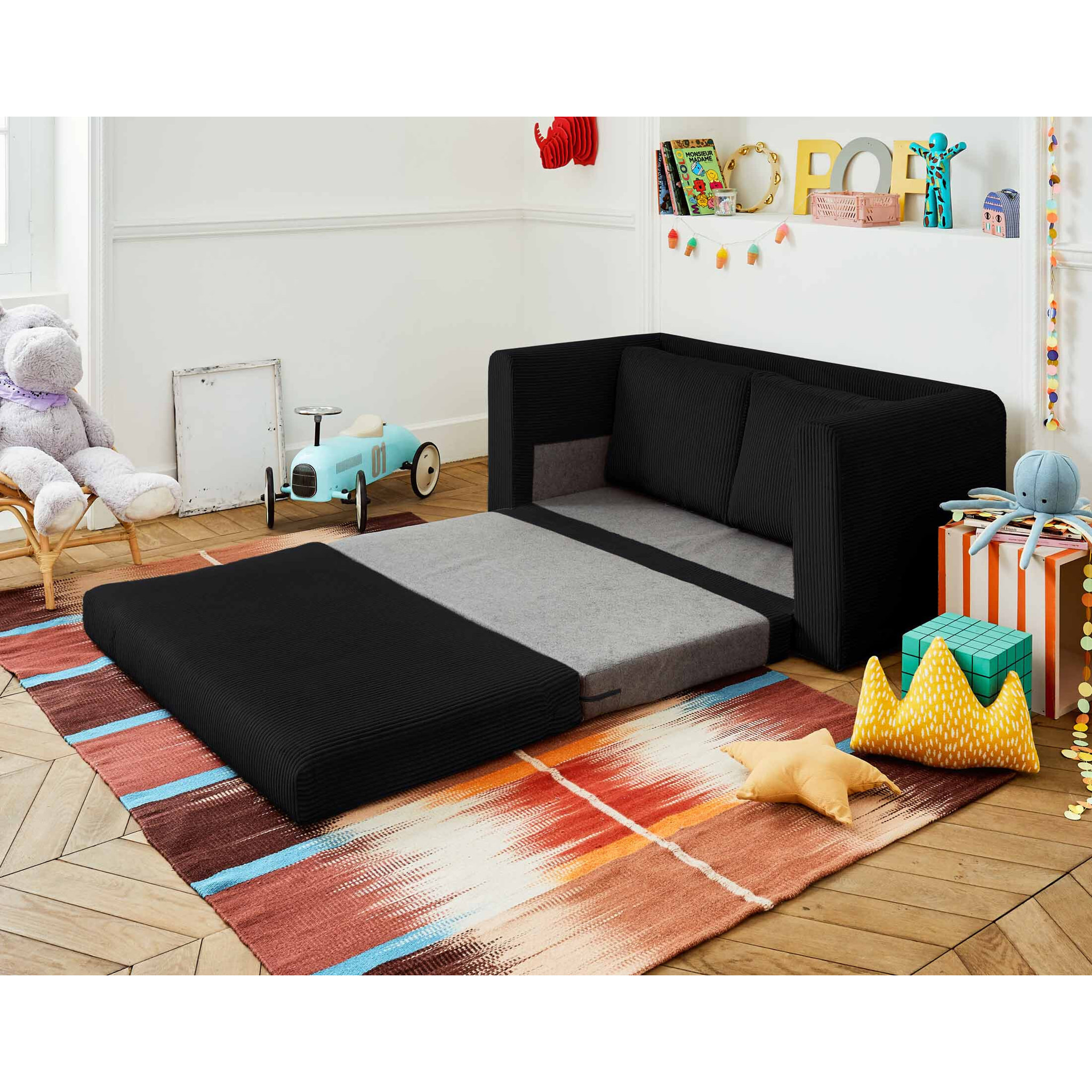 Marilia - canapé 2 places - convertible déplimousse - en velours côtelé - Noir