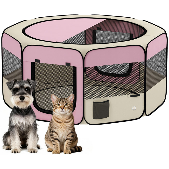 Parque Plegable para Perros y Gatos, Corralito Portátil para Animales Pequeños Impermeable de Tela Oxford con 2 Puertas, para Exterior e Interior, Ø120x58 cm, Rosa