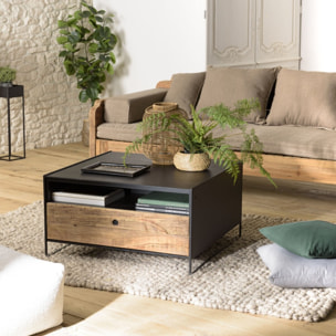 DANDY - Table basse noire 80x80cm 1 tiroir bois Pin recyclé et métal