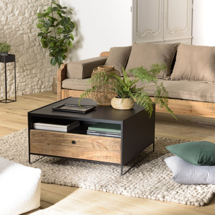 DANDY - Table basse noire 80x80cm 1 tiroir bois Pin recyclé et métal