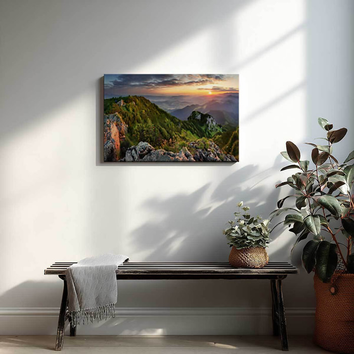 Tableau panorama montagneux au coucher du soleil Toile imprimée