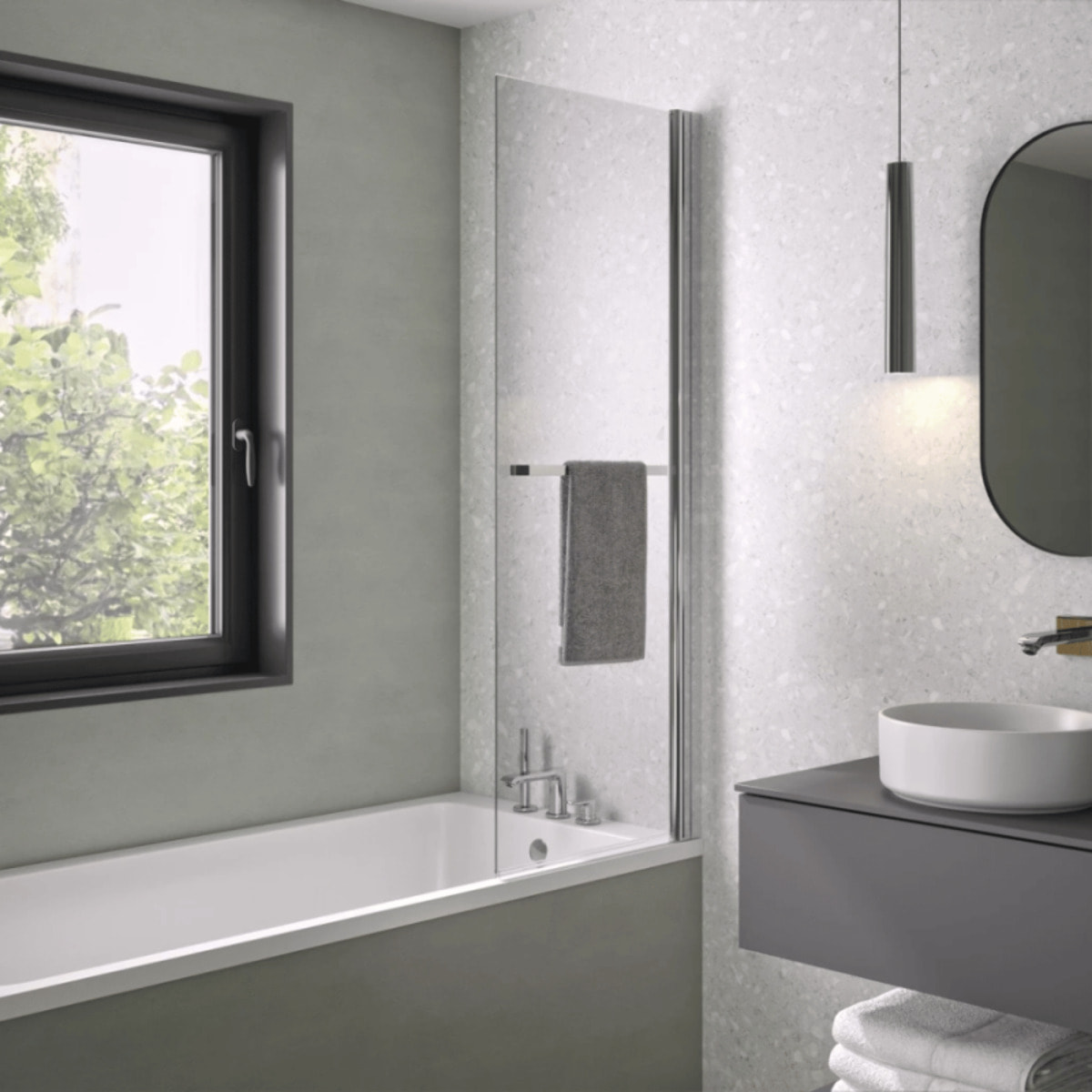 Pare bain relevable et pivotant 75x150cm KINEDO Columba 1 volet réversible avec porte serviette chromé
