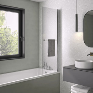 Pare bain relevable et pivotant 75x150cm KINEDO Columba 1 volet réversible avec porte serviette chromé