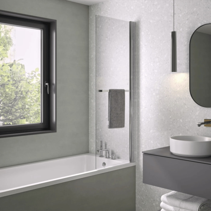 Pare bain relevable et pivotant 75x150cm KINEDO Columba 1 volet réversible avec porte serviette chromé