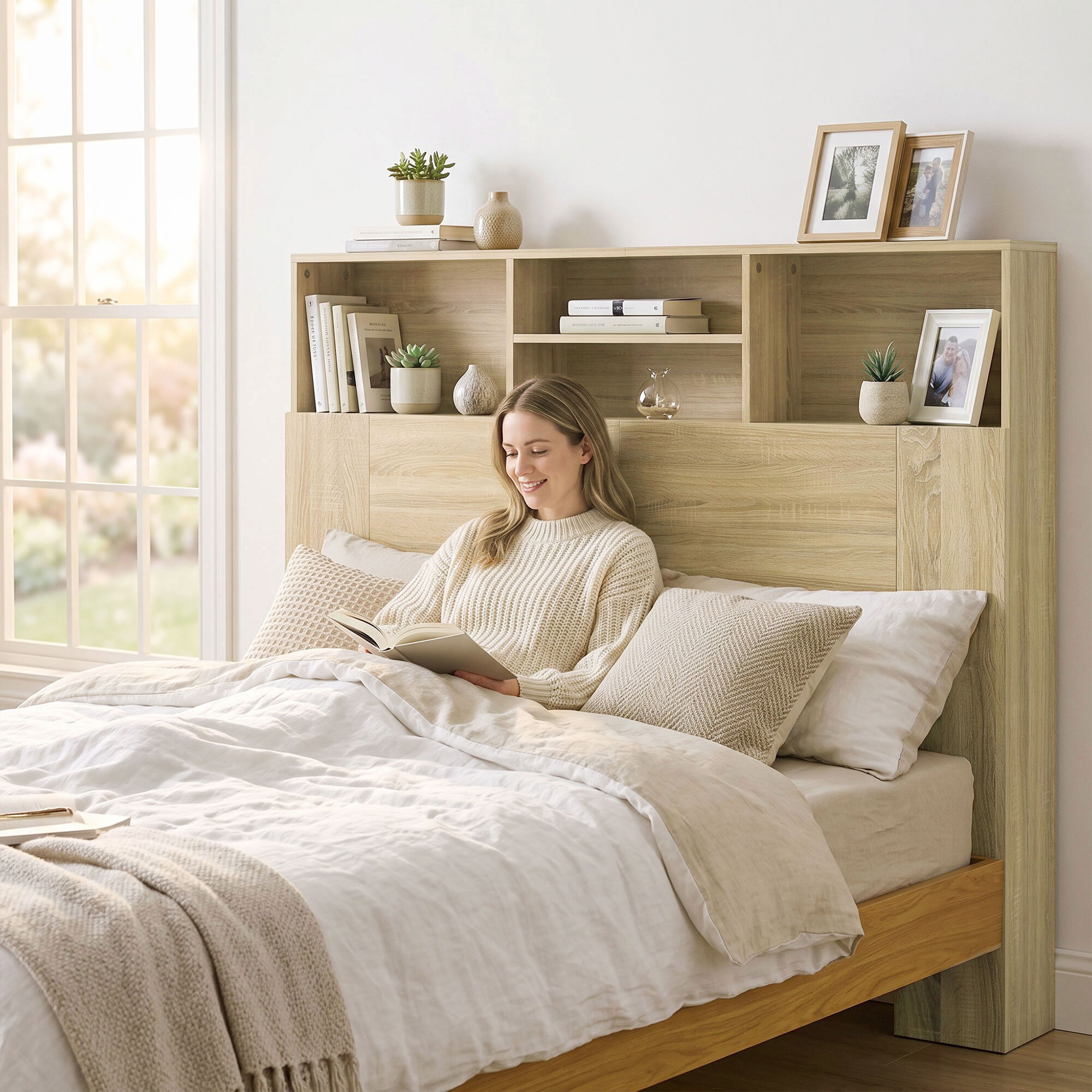 HOMCOM Cabecero de Cama 140 cm con Almacenaje, Cabezal de Cama con 4 Compartimentos Abiertos, Cabecero Moderno para Dormitorio, Roble