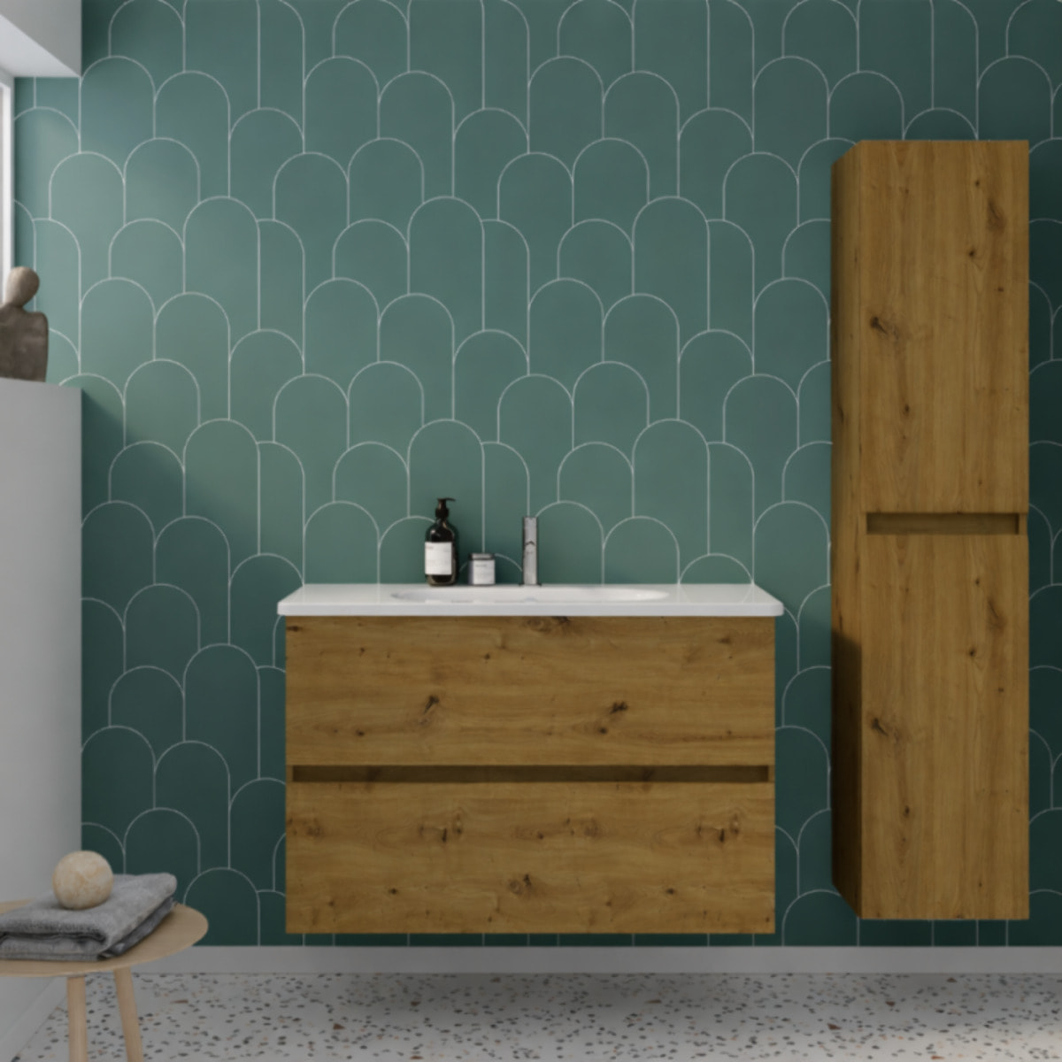 Pack meuble de salle de bain simple vasque BURGBAD Joline 80 cm chêne + colonne