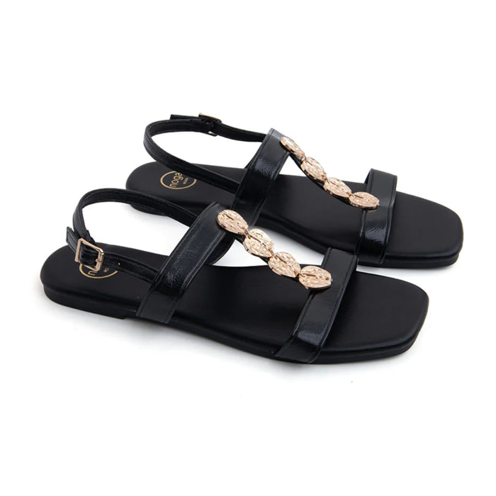 Sandalo flat con dettagli leaf gold - NERO