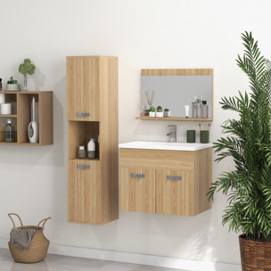 Conjunto de Muebles de Baño de Pared de 3 Piezas, Incluye Espejo, Mueble de Baño con Lavabo Cerámico, Armario Alto con Estantes Ajustables, Estilo Moderno, Natural