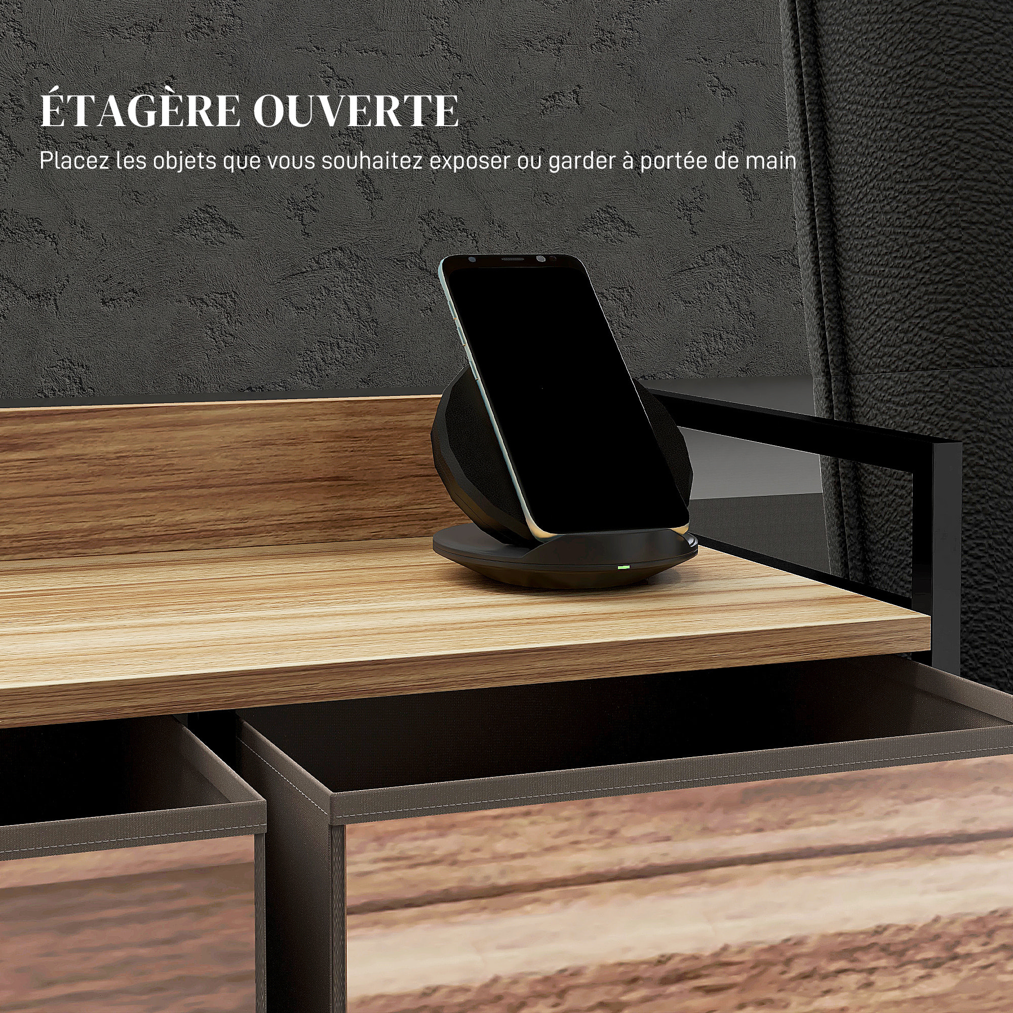 Commode 5 tiroirs et étagère - dim. 98L x 29l x 63H cm - châssis piètement métal noir tiroirs non tissés façades aspect bois