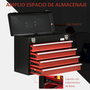 Caja de Herramientas de Acero con 4 Cajones Tapa Abatible y Cierres Metálicos Maletín de Herramientas Portátil para Taller Bricolaje Hogar 51x22x39,5 cm Negro y Rojo