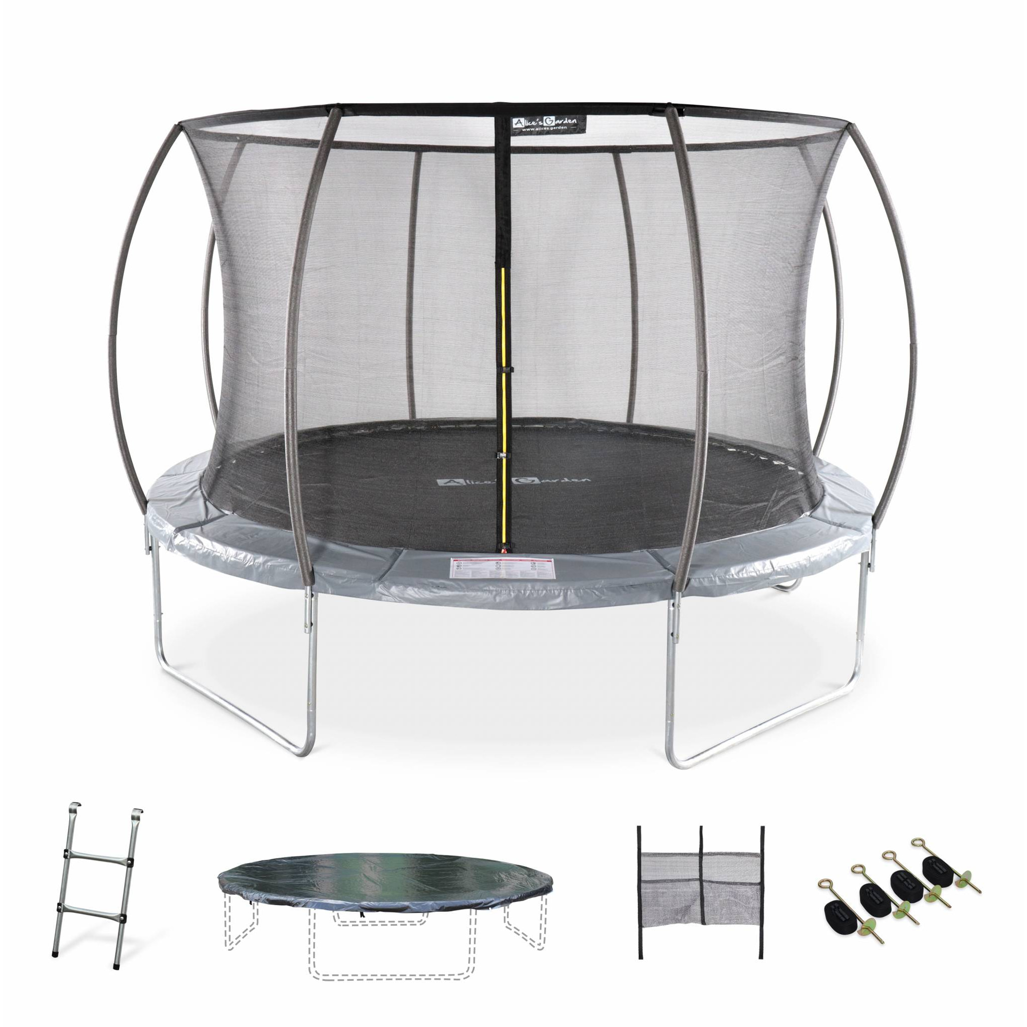 Trampoline rond Ø 370cm gris - Saturne Inner XXL – trampoline de jardin avec filet de protection intérieur. échelle. bâche. filet pour chaussures et kit d'ancrage