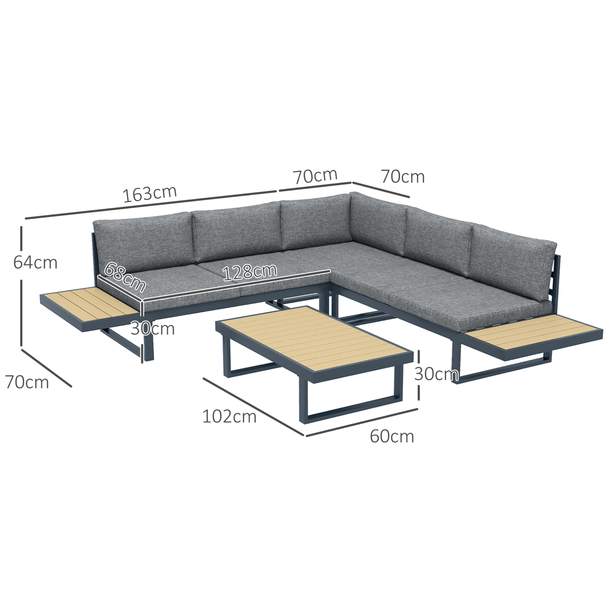 Salon de jardin d'angle 5 places avec table basse coussins alu gris aspect bois